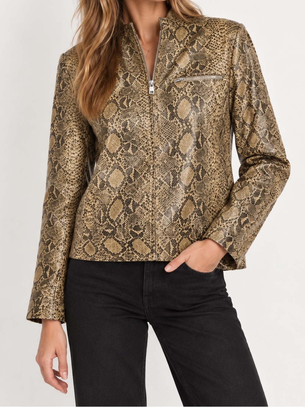 1980s Vintage Python Snakeskin Print Jacket Faux Leather Full Zip Women's Large